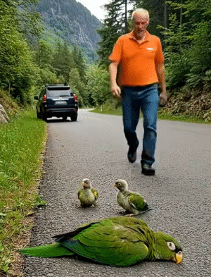 A Kind-Hearted Man Rescues a Helpless Parrot and Her Chicks from the Road